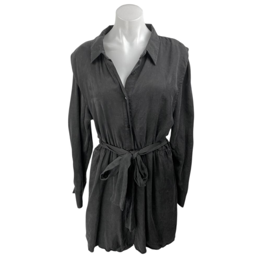 Zara Black Long Sleeve Tie Waist Collared Button Down Mini Shirt Dress Size XL